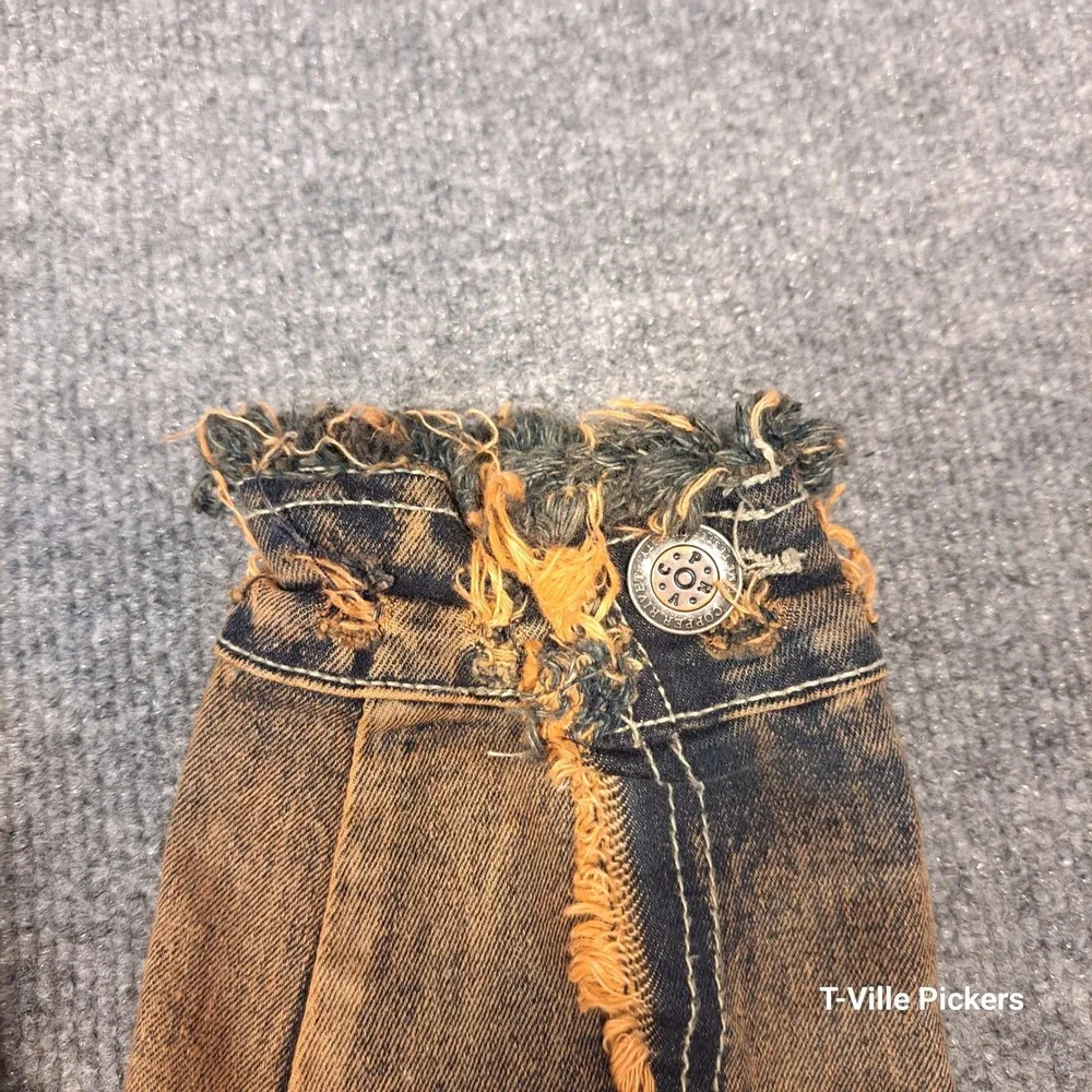 Copper Rivet Mens Distressed Deconstructed Denim Jacket Tan Indigo Large